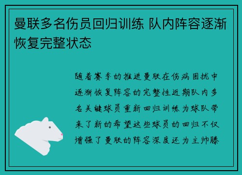 曼联多名伤员回归训练 队内阵容逐渐恢复完整状态