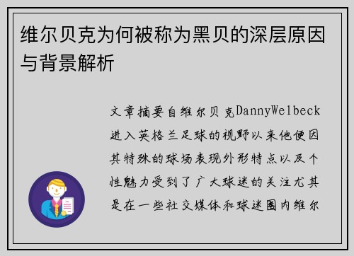 维尔贝克为何被称为黑贝的深层原因与背景解析